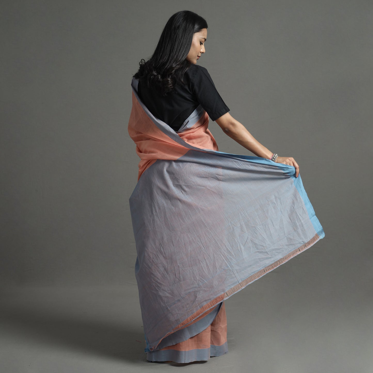 Peach - Pure Handloom Natural Dyed Missing Plain Cotton Saree 15