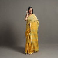 Yellow - Zari Stripes Turned Weft Bars Cotton Handloom Saree 66