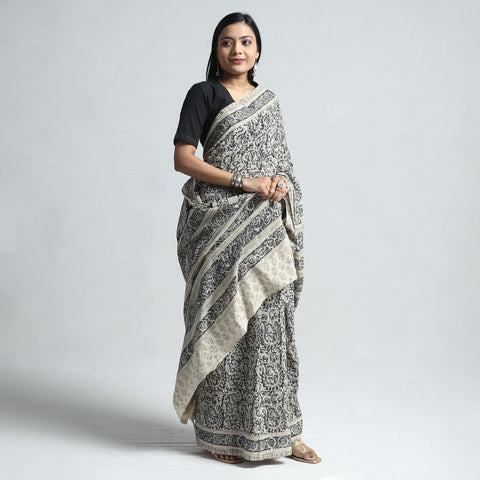 Grey - Pedana Block Print Cotton Kalamkari Saree