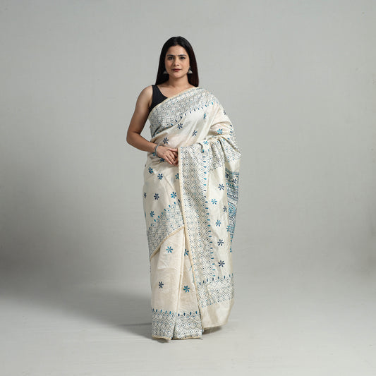 White - Handcrafted Bengal Nakshi Kantha Work Silk Saree 07