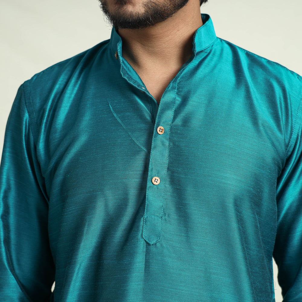 Blue - Plain Dyed Slub Silk Men Long Kurta