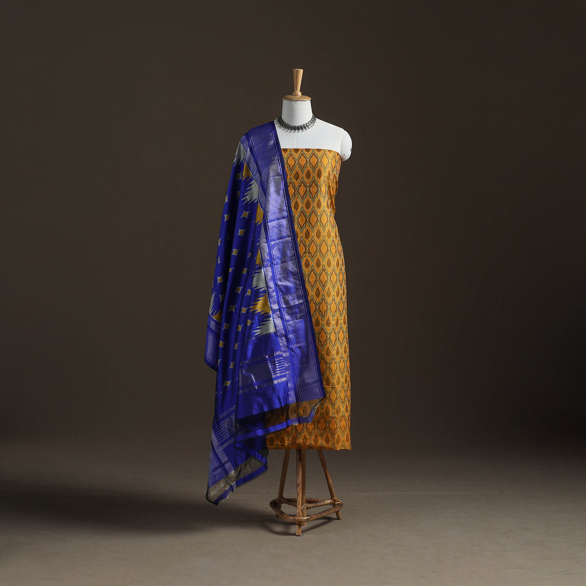 Pochampally Ikat Handloom Sico Unstitched Dress Material: Kurta with Mulberry Silk Dupatta 42