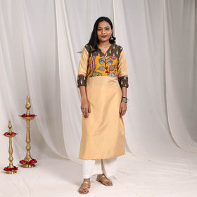 Beige Ruhi Slub Silk Straight Plain Kurta with Patchwork for Women