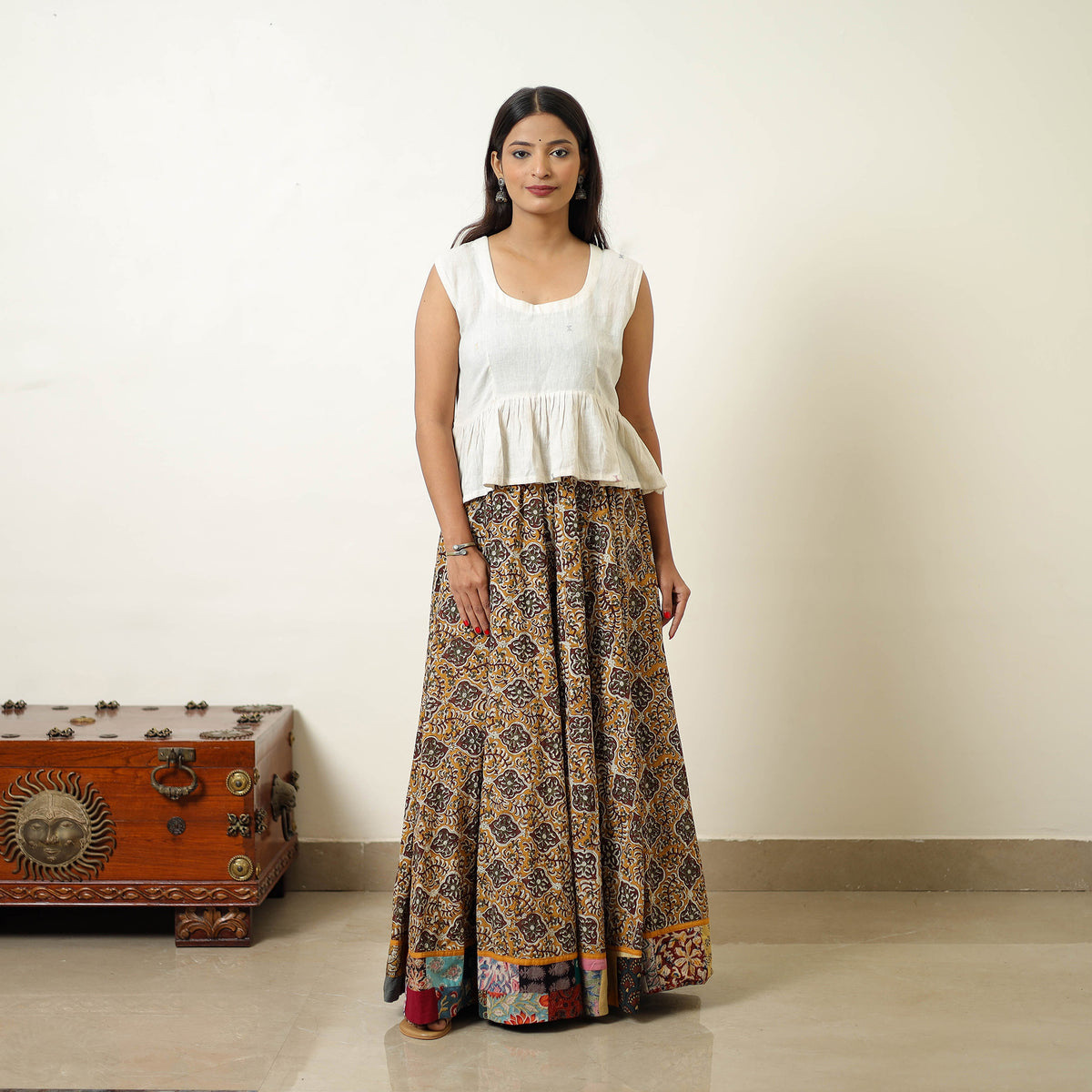 Yellow - Hand Block Printed Cotton Long Bagru Skirt 13