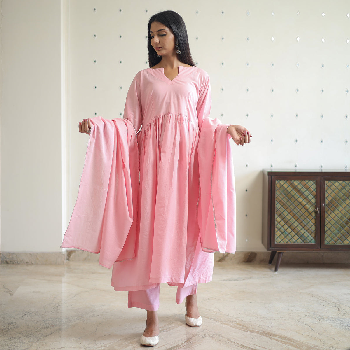 Rosie Pink Cotton Flared Kurta with Palazzo & Dupatta Set