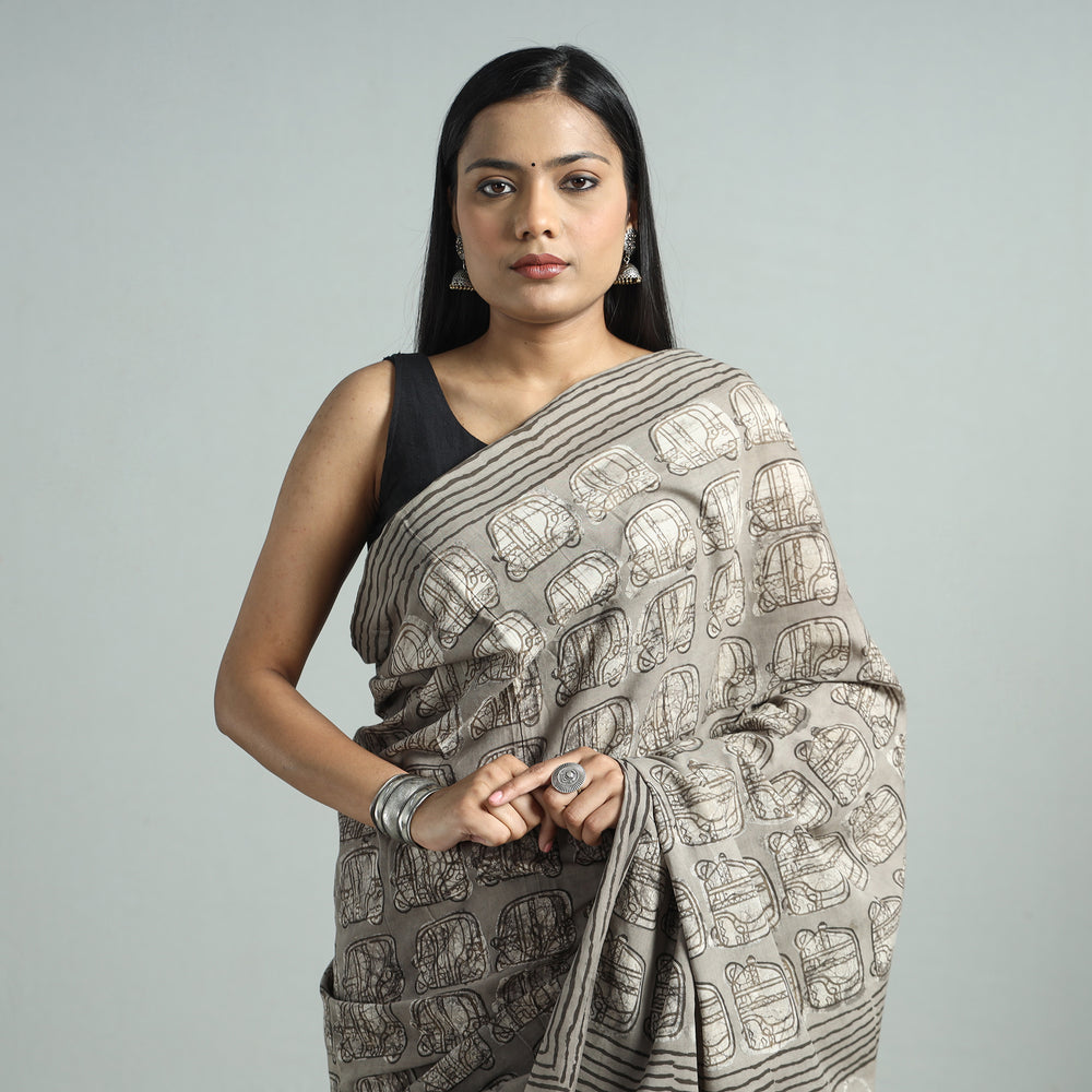 Brown - Bindaas Art Block Printed Natural Dyed Cotton Saree 35