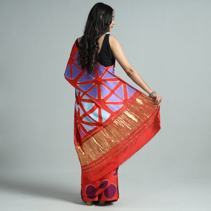 Red - Shibori Clamp Dyed Modal Silk Saree with Zari Border 04
