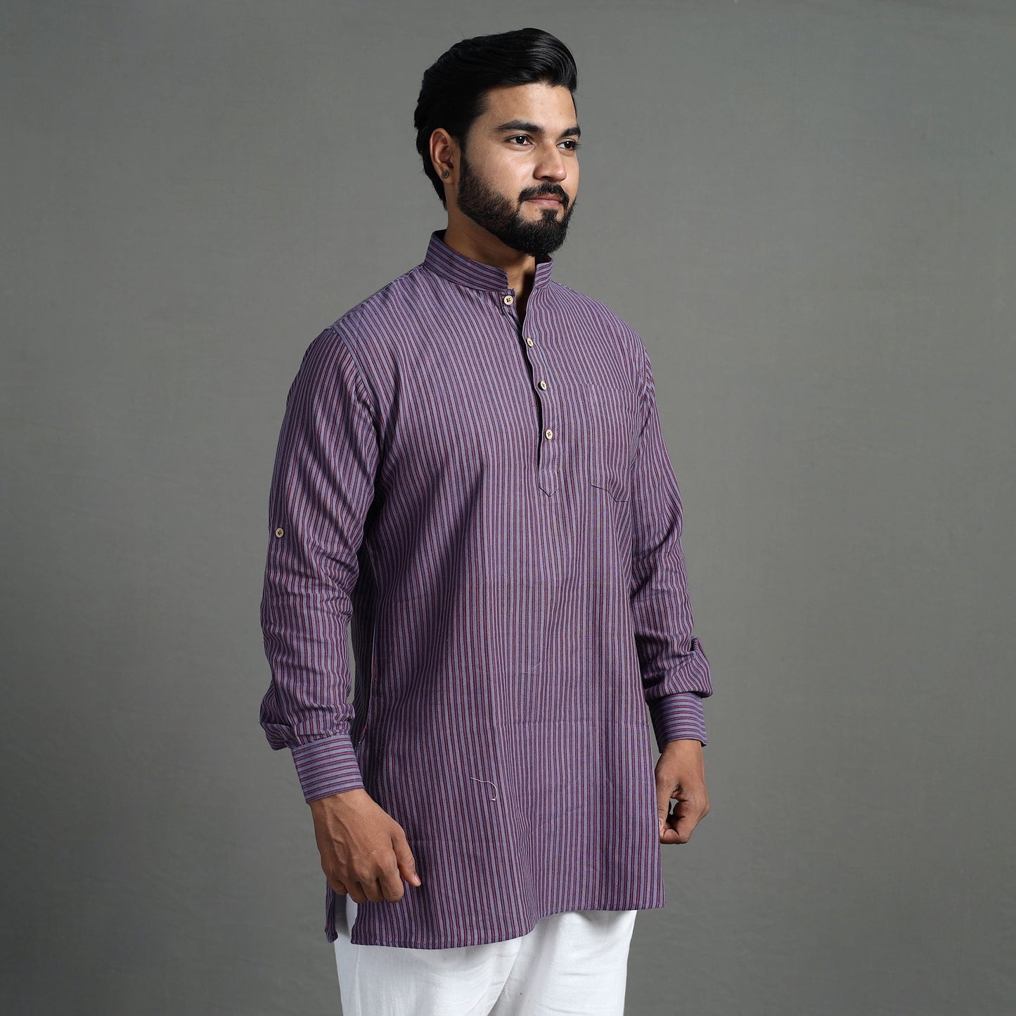 Light Purple - Handloom Cotton Stripe Men Short Kurta