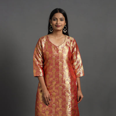 Red - Cutwork Tissue Zari Jaal Banarasi Silk Kurta 03