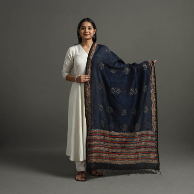 Blue - Block Printed Chanderi Silk Bagru Dupatta 87