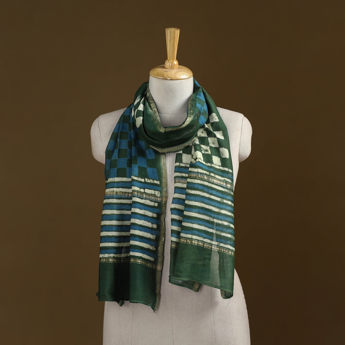 Green - Pipad Hand Block Print Natural Dyed Chanderi Silk Handloom Stole 66