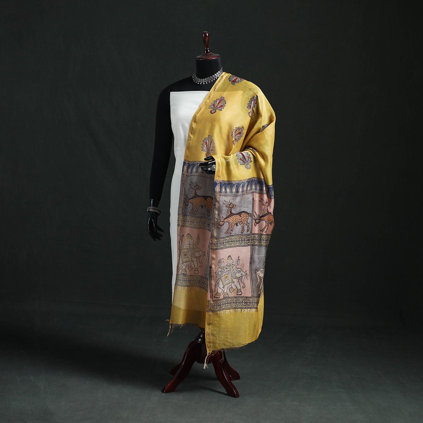 Yellow - Mata Ni Pachedi Handpainted Natural Dyed Chanderi Silk Handloom Dupatta 16