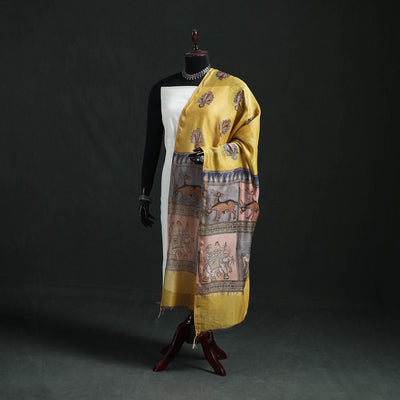 Yellow - Mata Ni Pachedi Handpainted Natural Dyed Chanderi Silk Handloom Dupatta 16