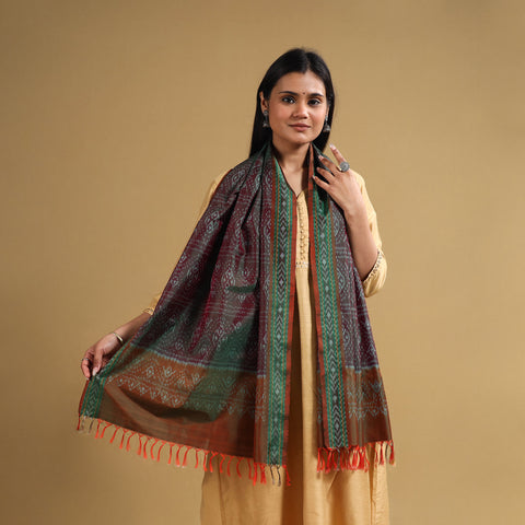 Brown - Handloom Mulberry Silk Pochampally Ikat Stole 12