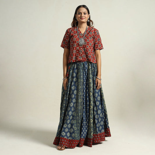 Blue - Ajrakh Block Printed 24 Kali Patchwork Cotton Long Skirt 03