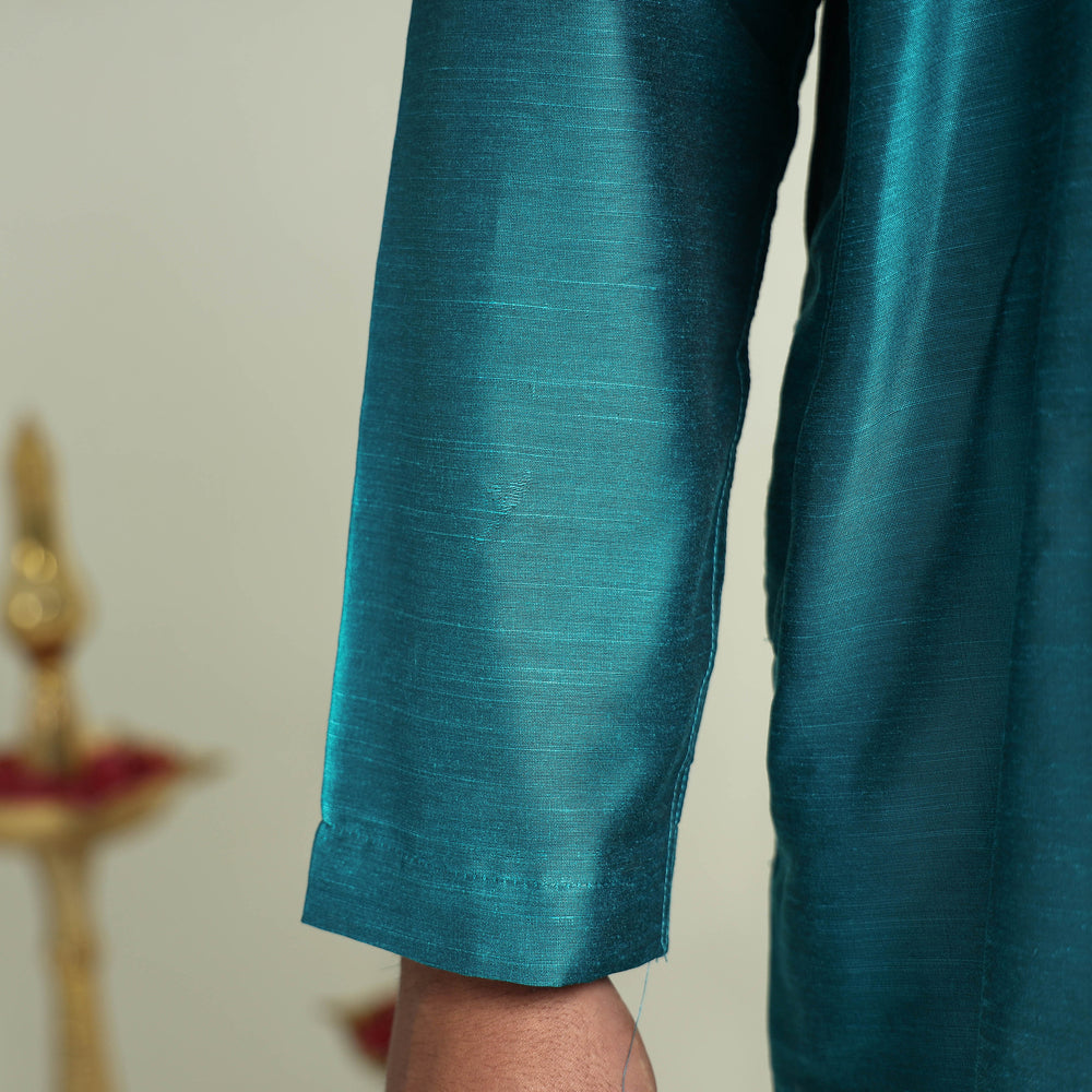 Blue - Plain Dyed Slub Silk Men Long Kurta