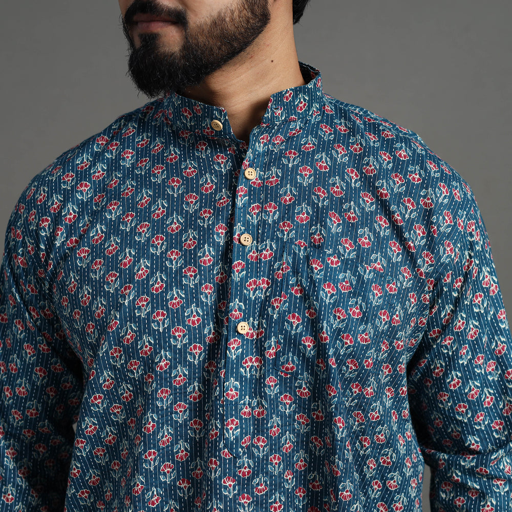 Kantha Stitch Cotton Short Sanganeri Kurta for Men 13