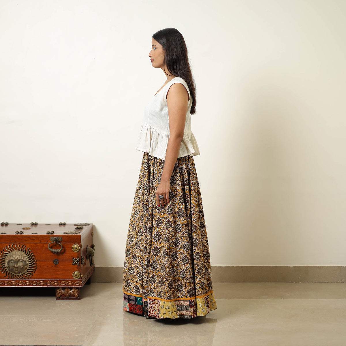 Yellow - Hand Block Printed Cotton Long Bagru Skirt 13