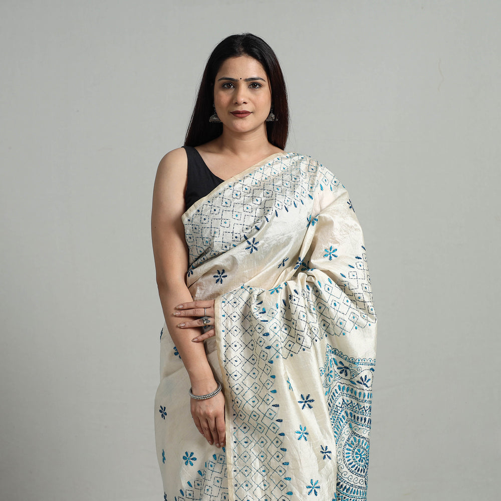 White - Handcrafted Bengal Nakshi Kantha Work Silk Saree 07