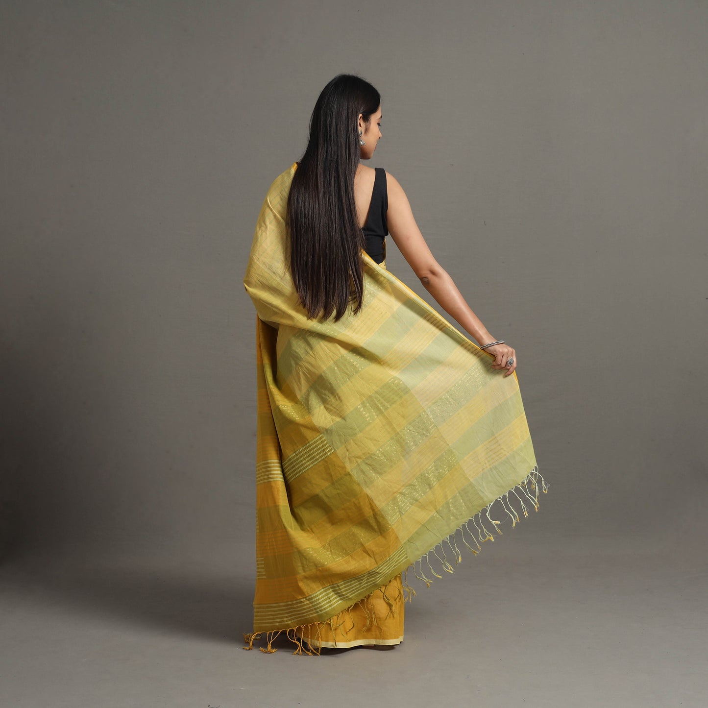 Yellow - Zari Stripes Turned Weft Bars Cotton Handloom Saree 66