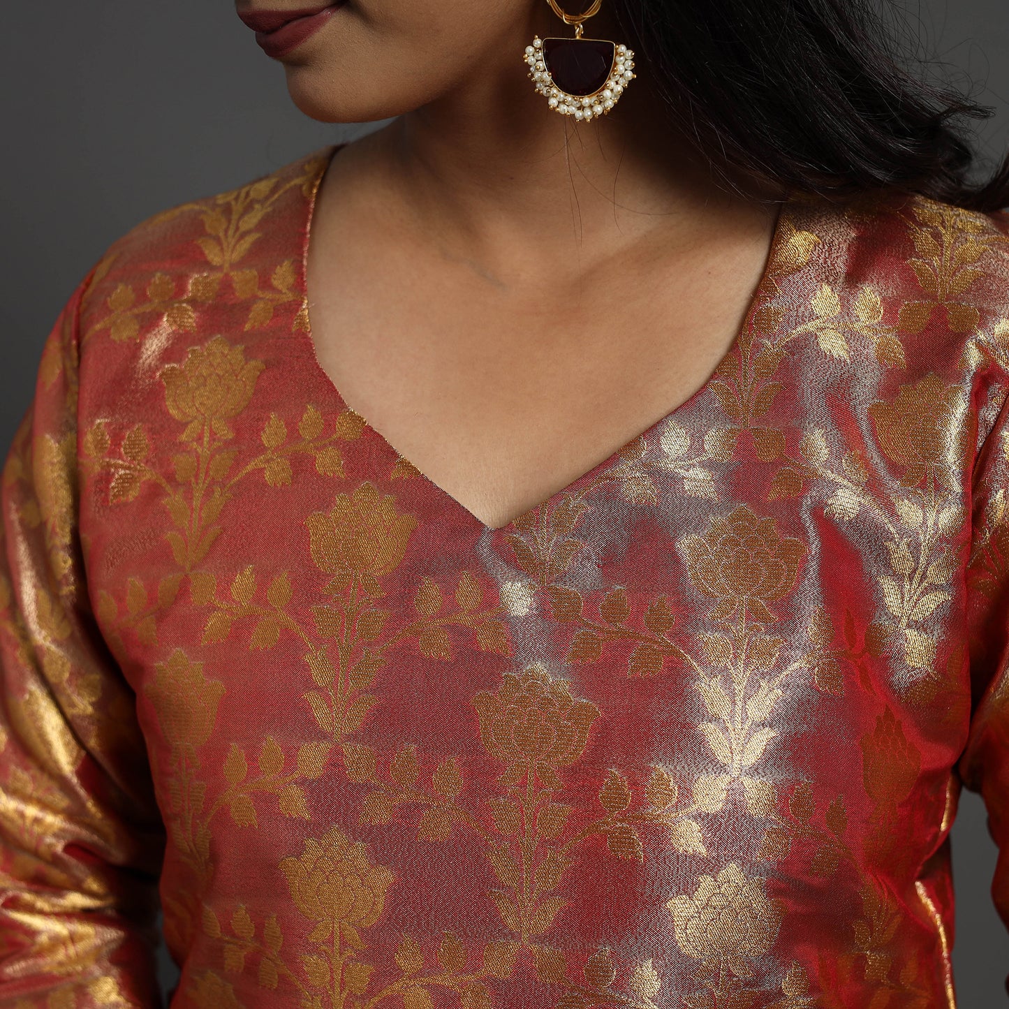 Red - Cutwork Tissue Zari Jaal Banarasi Silk Kurta 03