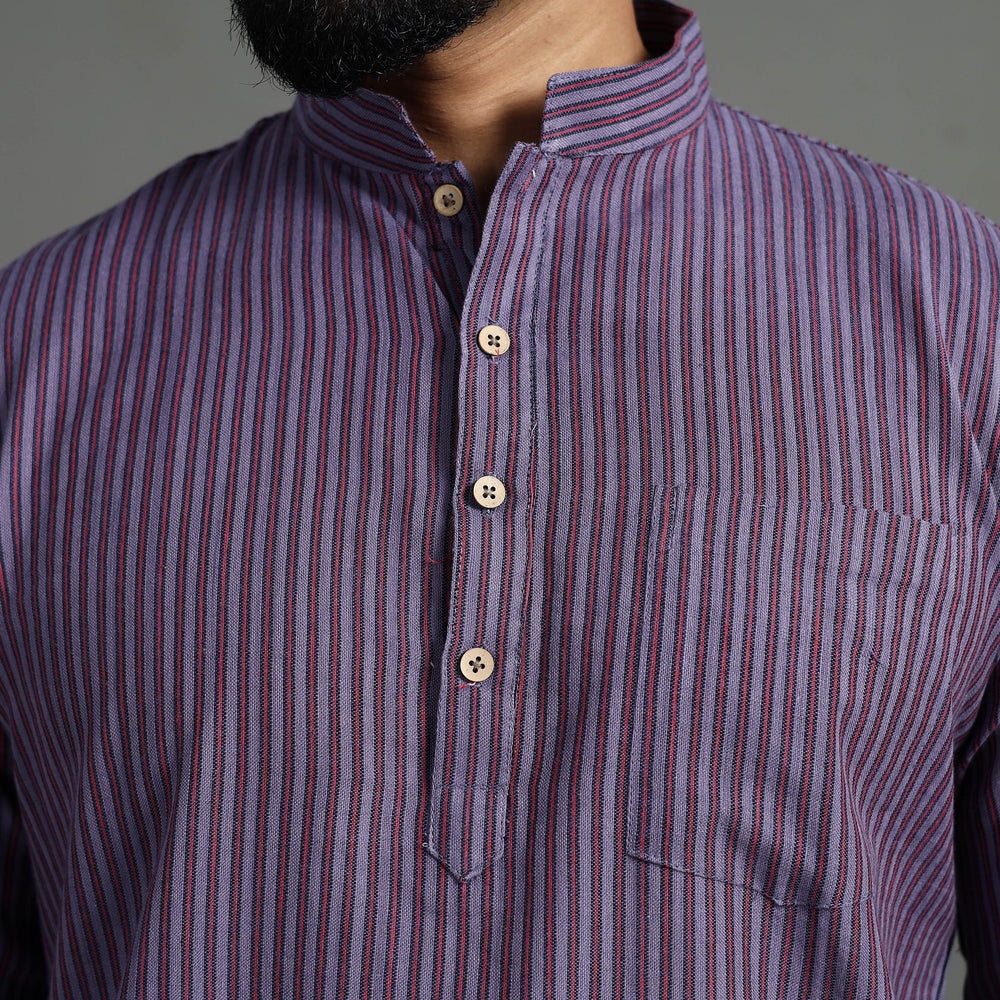 Light Purple - Handloom Cotton Stripe Men Short Kurta