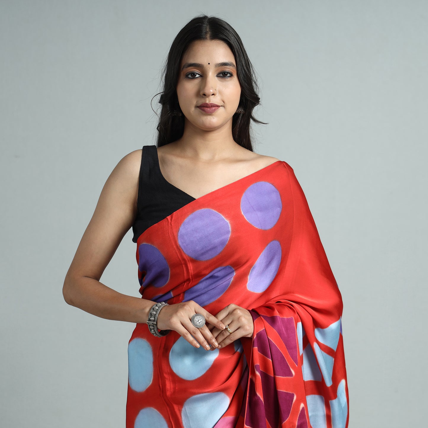 Red - Shibori Clamp Dyed Modal Silk Saree with Zari Border 04