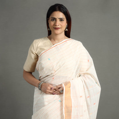 White - Traditional Venkatagiri Handloom Cotton Checks Saree with Thread & Zari Buti 22