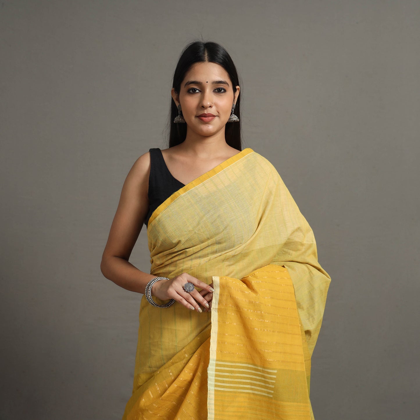 Yellow - Zari Stripes Turned Weft Bars Cotton Handloom Saree 66