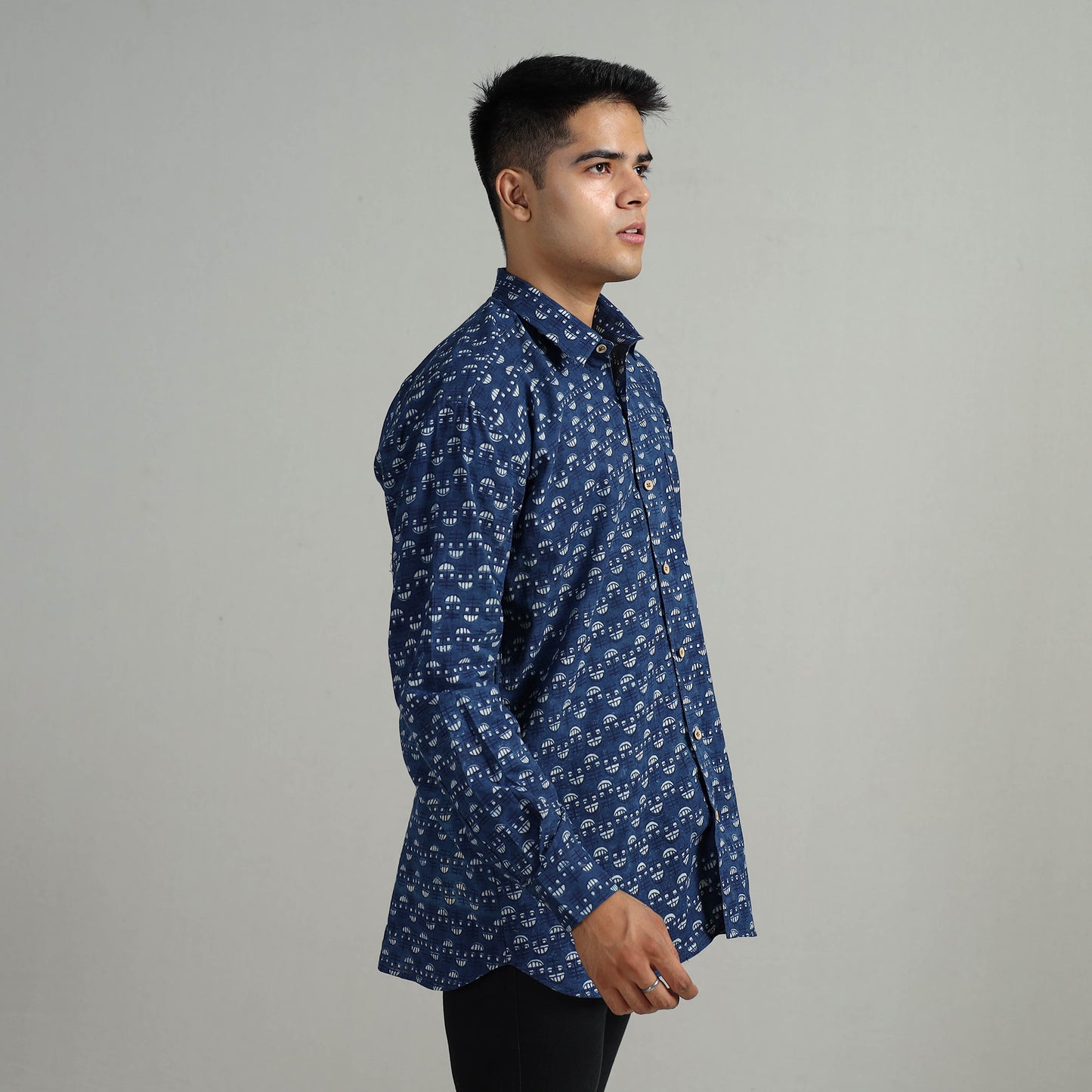 Blue - Indigo Block Printed Cotton Men Full Sleeve Shirt 13
