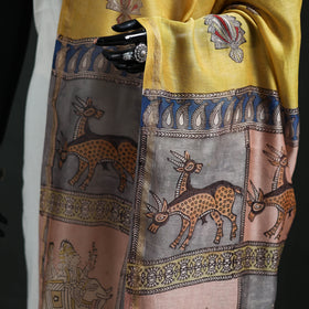 Yellow - Mata Ni Pachedi Handpainted Natural Dyed Chanderi Silk Handloom Dupatta 16