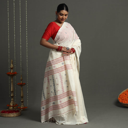 White - Phulia Jamdani Handloom Cotton Saree