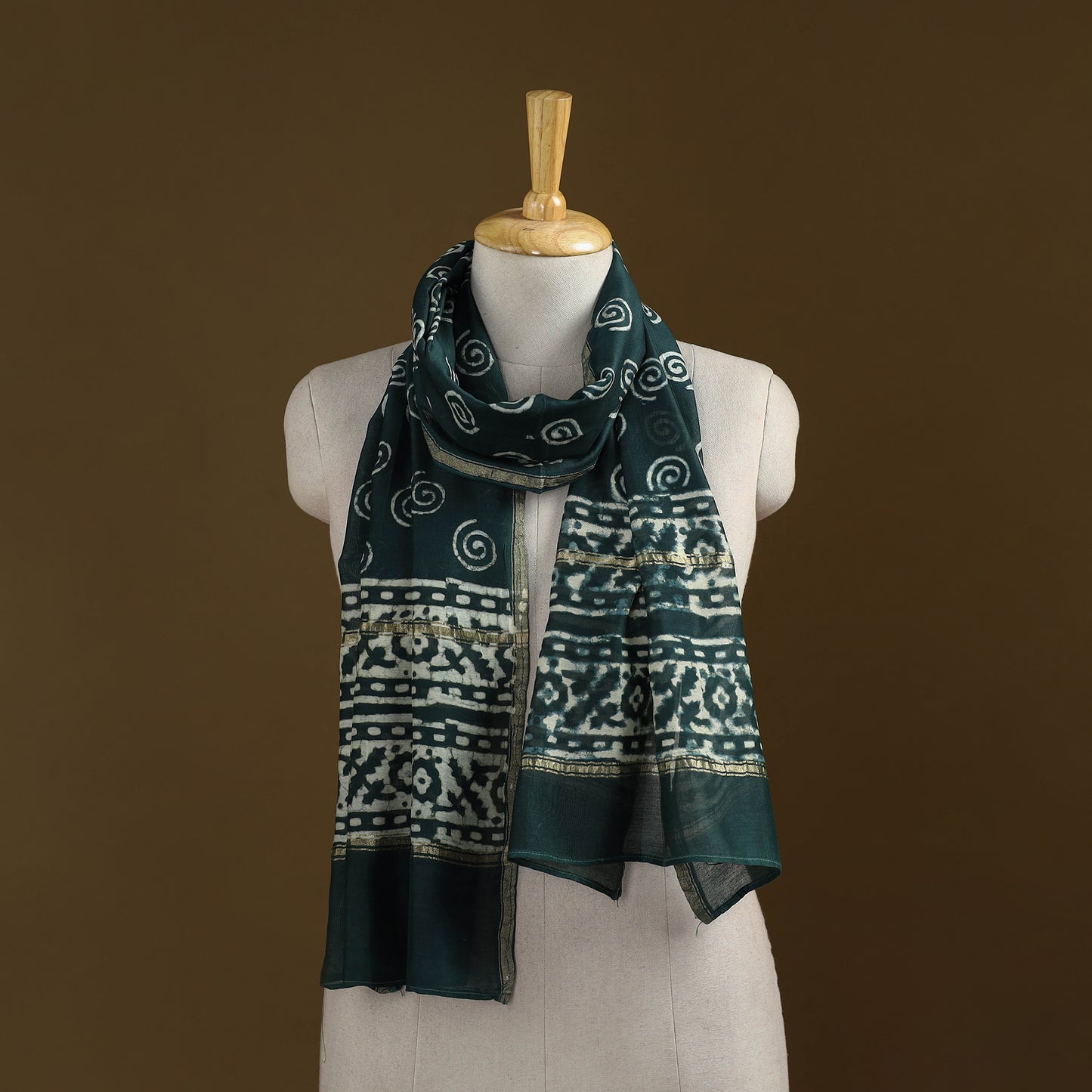 Green - Pipad Hand Block Print Natural Dyed Chanderi Silk Handloom Stole 68