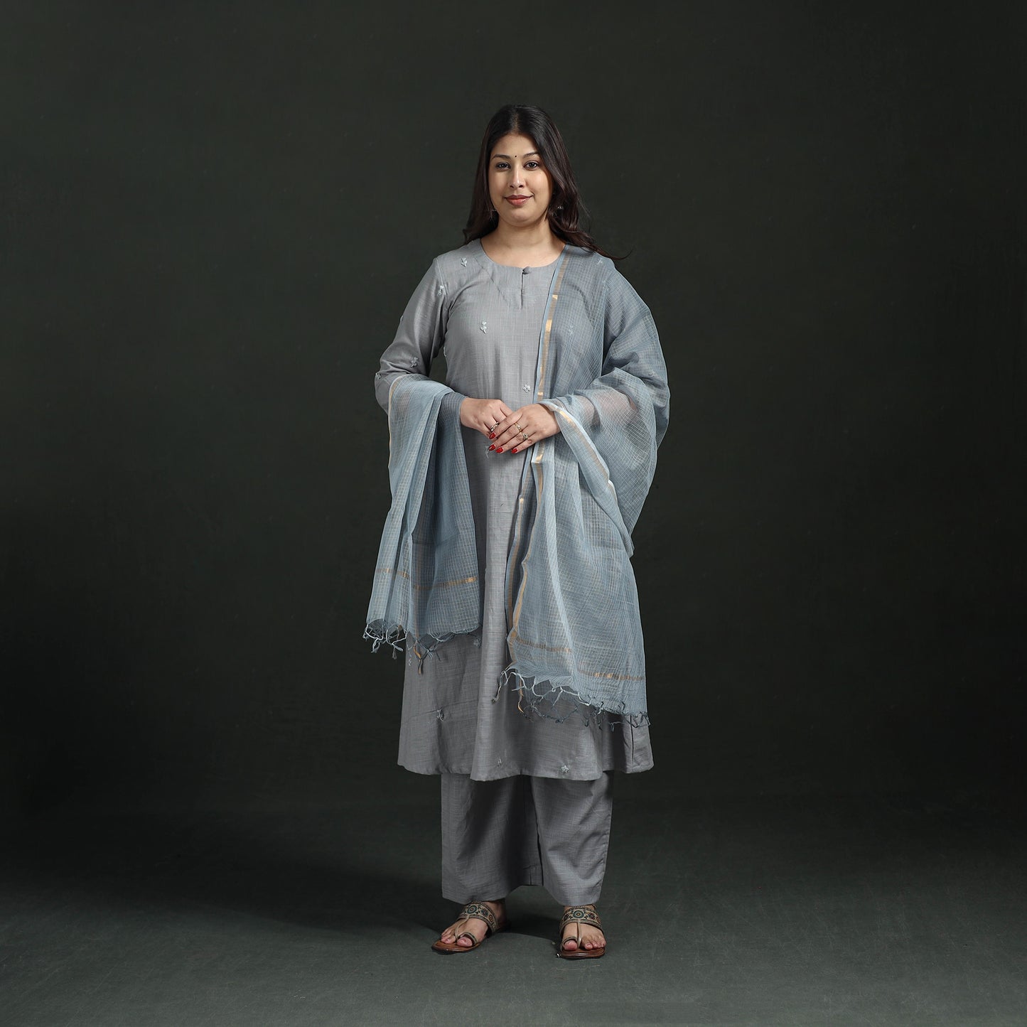 Plain Slub Cotton Hand Embroidered Suit Set with Dupatta for women 11