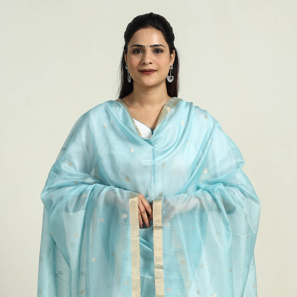 Blue - Traditional Handloom Silk Zari Buti Chanderi Dupatta 05