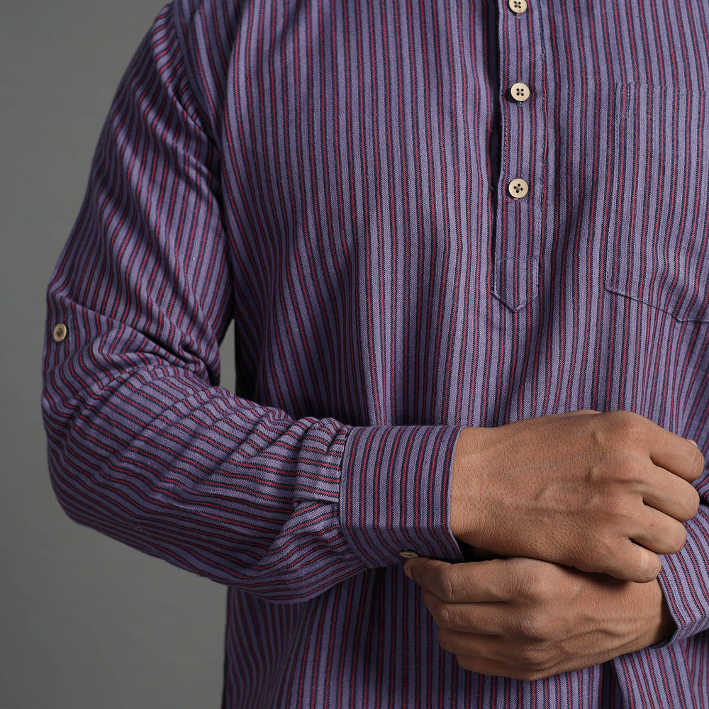 Light Purple - Handloom Cotton Stripe Men Short Kurta