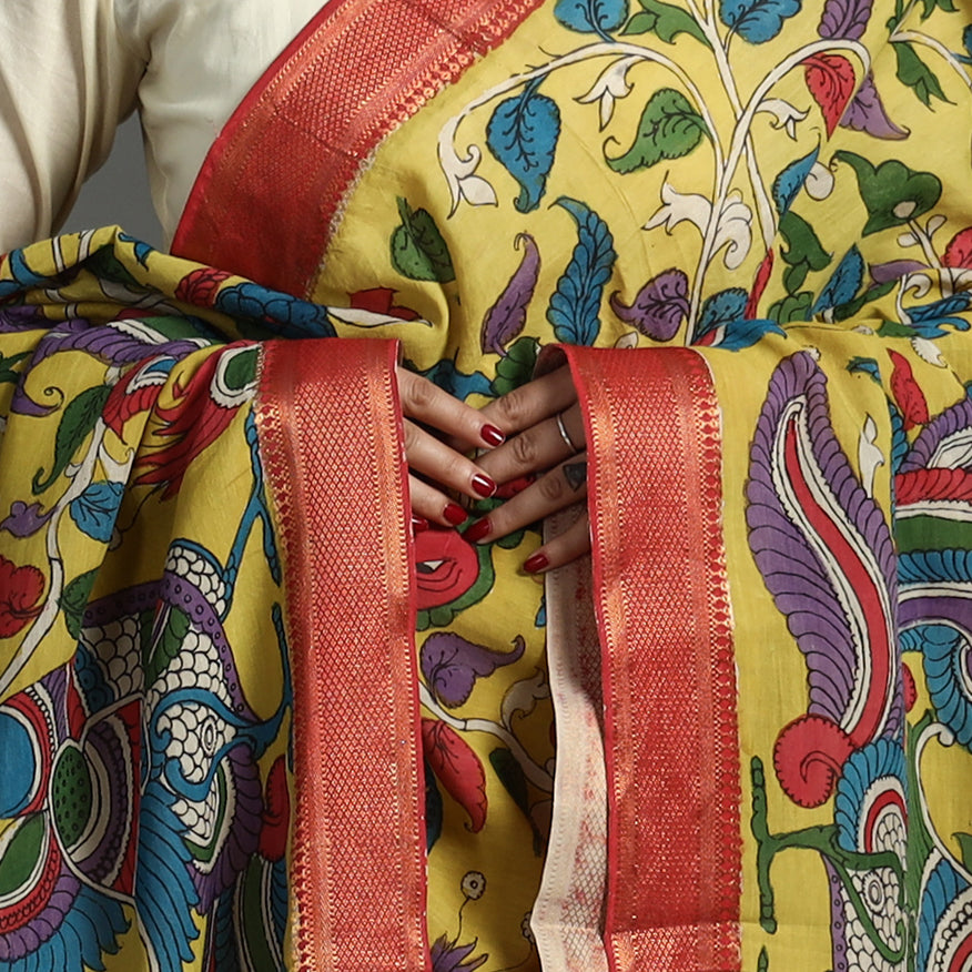 Yellow - Srikalahasti Pen Work Kalamkari Chanderi Silk Handpainted Zari Border Dupatta with Tassels 172