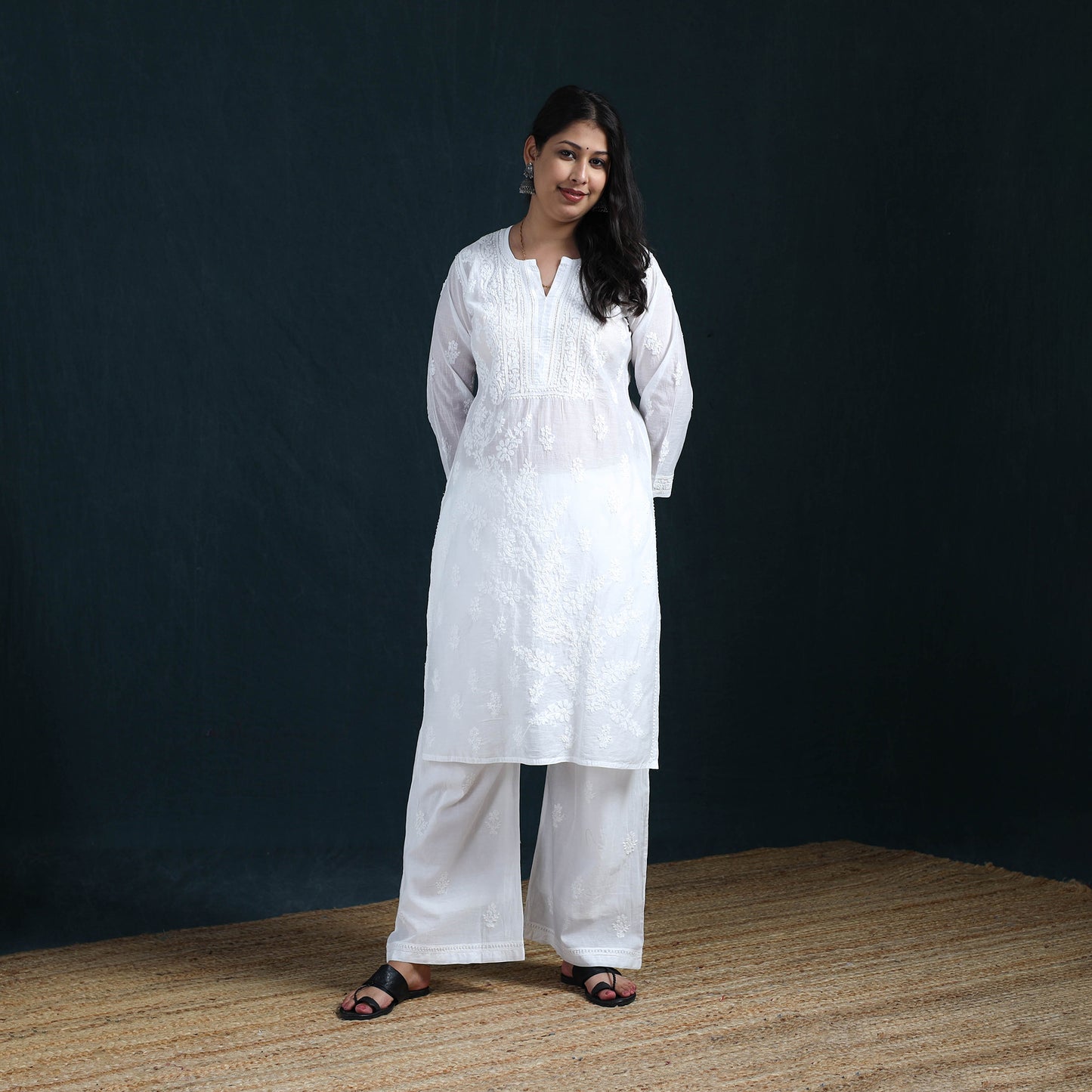 White - Hand Embroidered Mul Chanderi Chikankari Kurta with Palazzo Set for Women 22