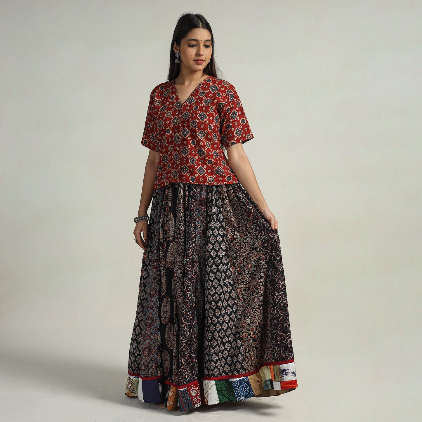 Multicolor - Kutch Block Printed 24 Kali Cotton Long Skirt 17