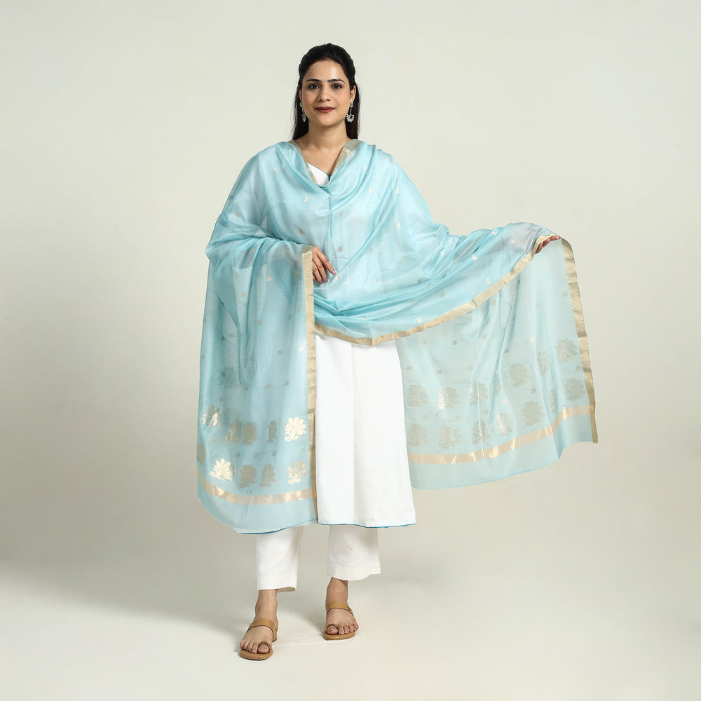 Blue - Traditional Handloom Silk Zari Buti Chanderi Dupatta 05