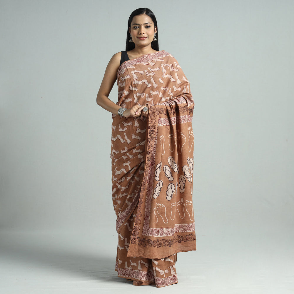 Brown - Bindaas Art Block Printed Natural Dyed Cotton Saree 36