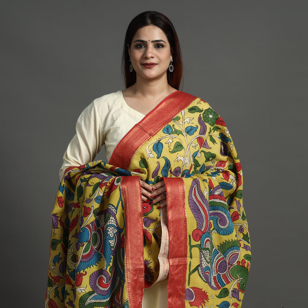 Yellow - Srikalahasti Pen Work Kalamkari Chanderi Silk Handpainted Zari Border Dupatta with Tassels 172