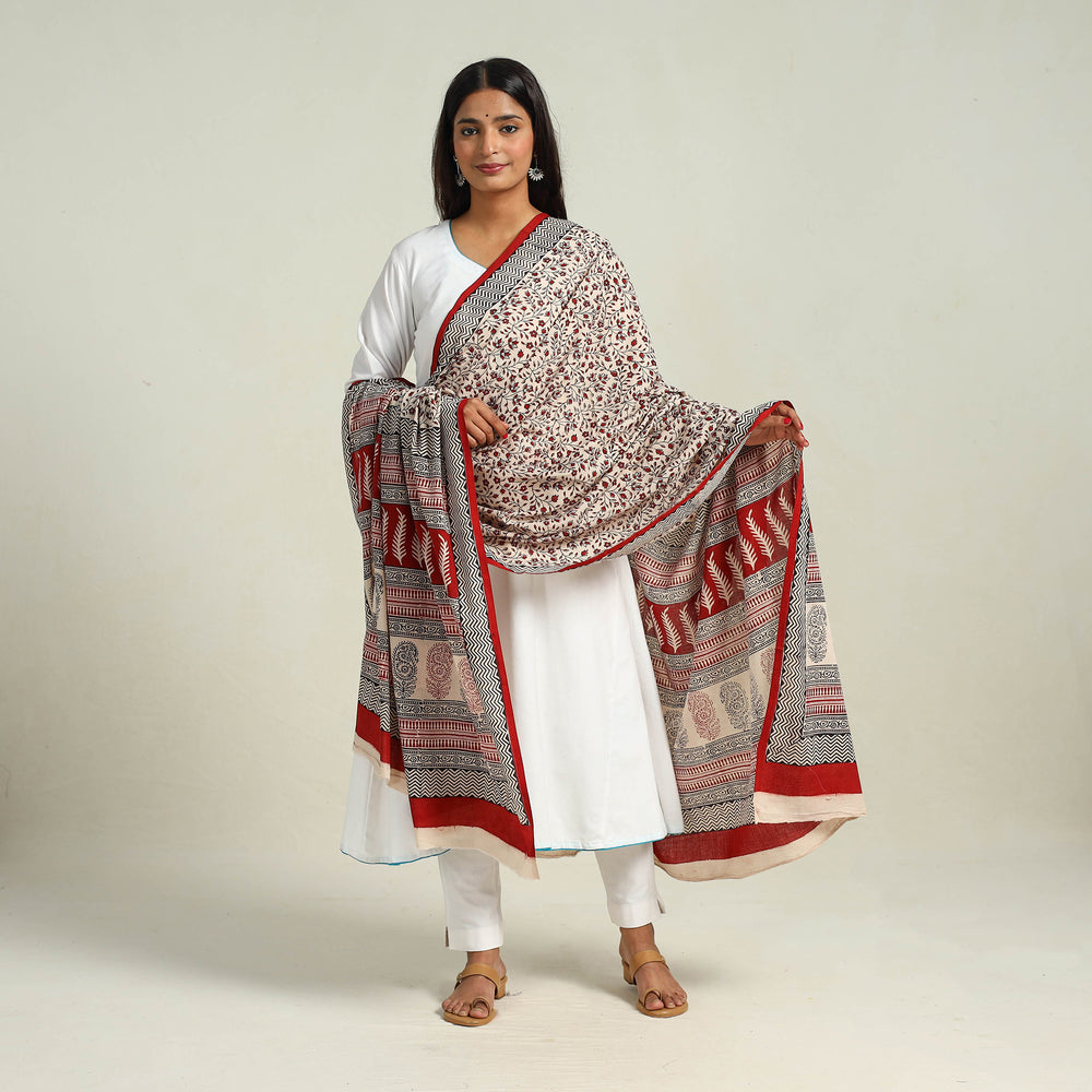 Beige - Hand Block Print Cotton Bagh Dupatta 16