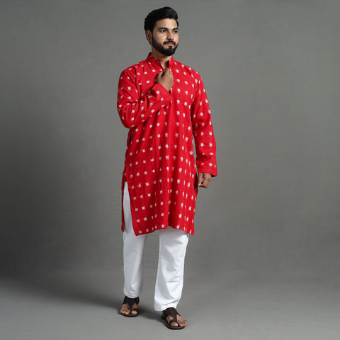 Red - Pochampally Ikat Cotton Men Long Kurta