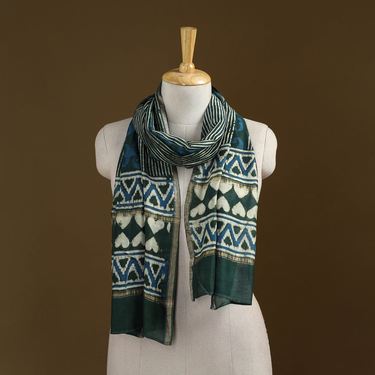 Green - Pipad Hand Block Print Natural Dyed Chanderi Silk Handloom Stole 69