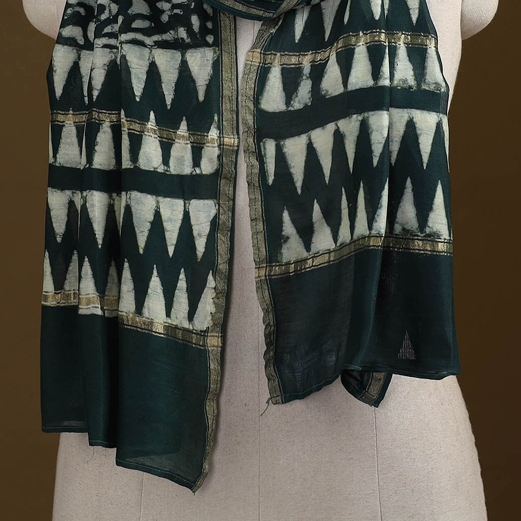 Green - Pipad Hand Block Print Natural Dyed Chanderi Silk Handloom Stole 70