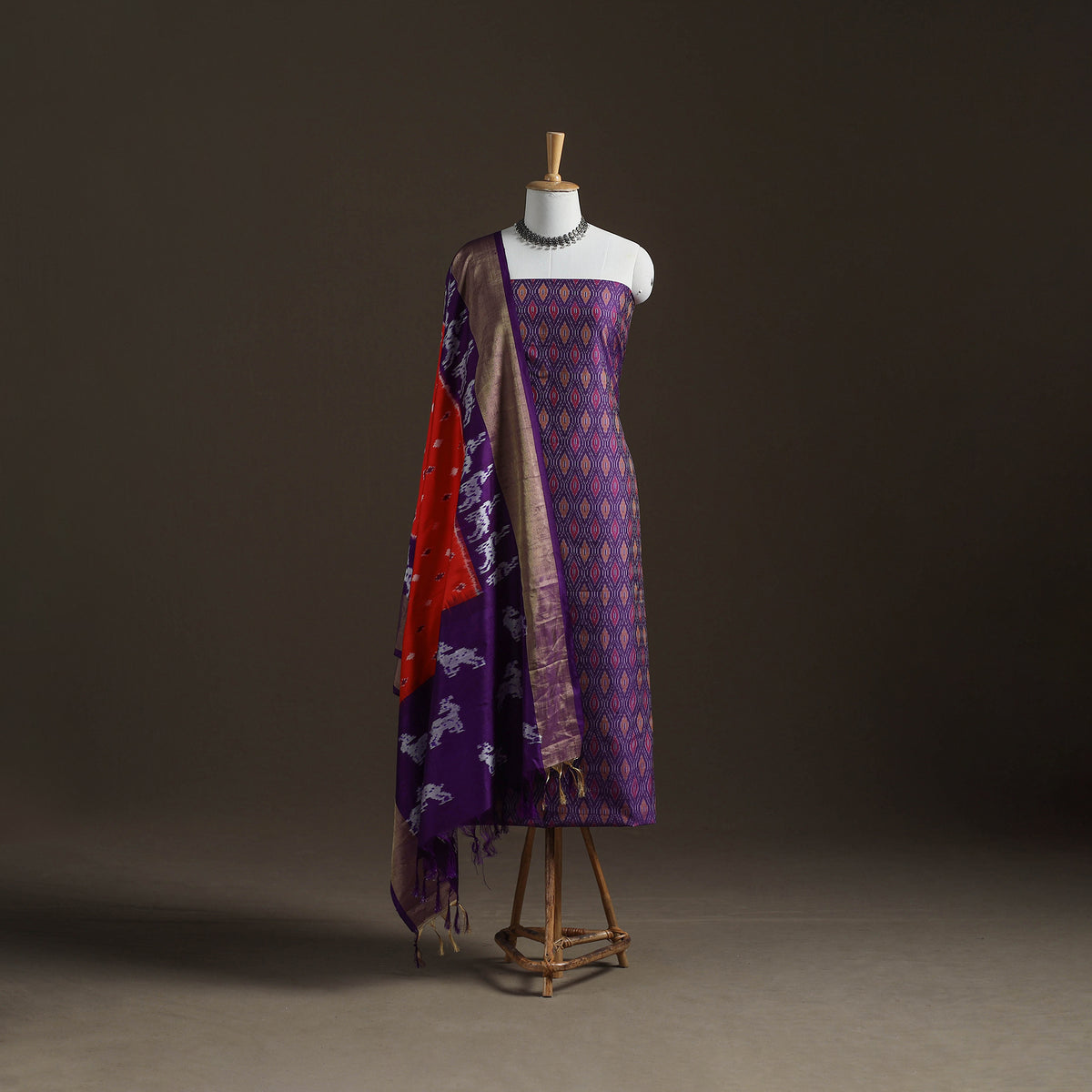 Purple - Pochampally Ikat Handloom Sico Unstitched Dress Material: Kurta with Mulberry Silk Dupatta 43
