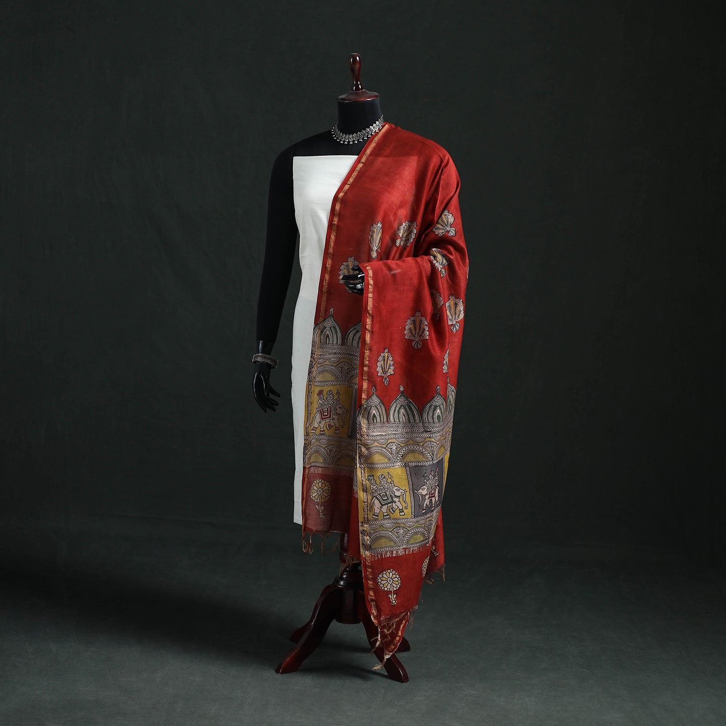 Red - Mata Ni Pachedi Handpainted Natural Dyed Chanderi Silk Handloom Dupatta 17