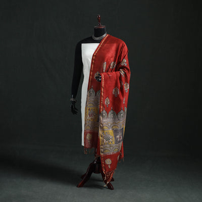 Red - Mata Ni Pachedi Handpainted Natural Dyed Chanderi Silk Handloom Dupatta 17