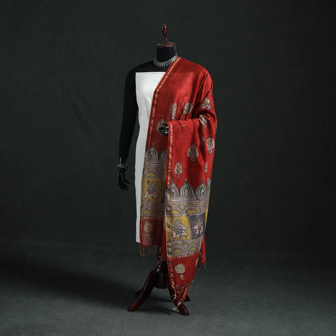 Red - Mata Ni Pachedi Handpainted Natural Dyed Chanderi Silk Handloom Dupatta 17